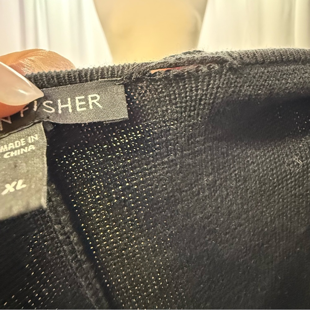 Eileen Fisher Long Knit Cardigan Jacket, Black Silk-Cotton Blend leather trim XL - Picture 6 of 12